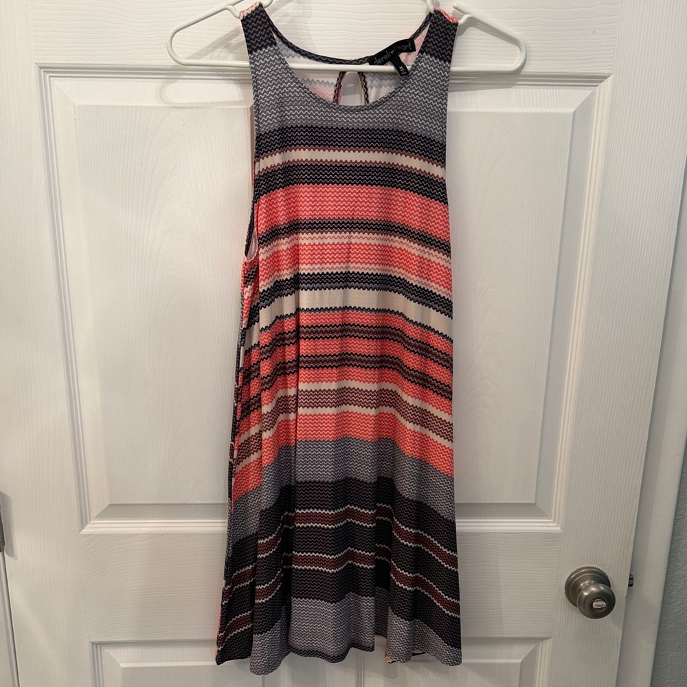 Derek Heart Sleeveless Striped Swing Dress in Coral and Gray